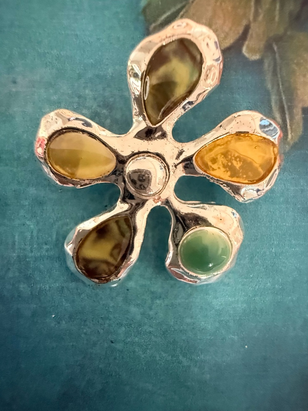 Sterling Silver Floral Multi-Stone Brooch - Green and Yellow